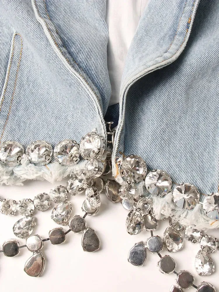 Crystal Embellished Cropped Denim Blazer