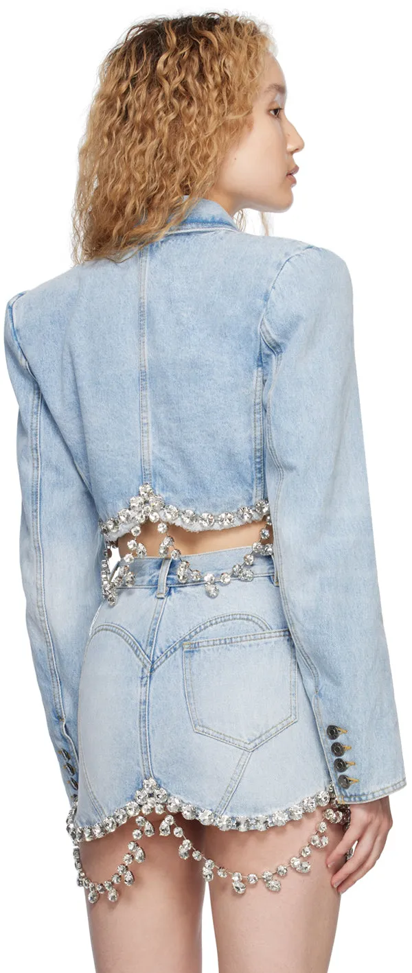 Crystal Embellished Cropped Denim Blazer