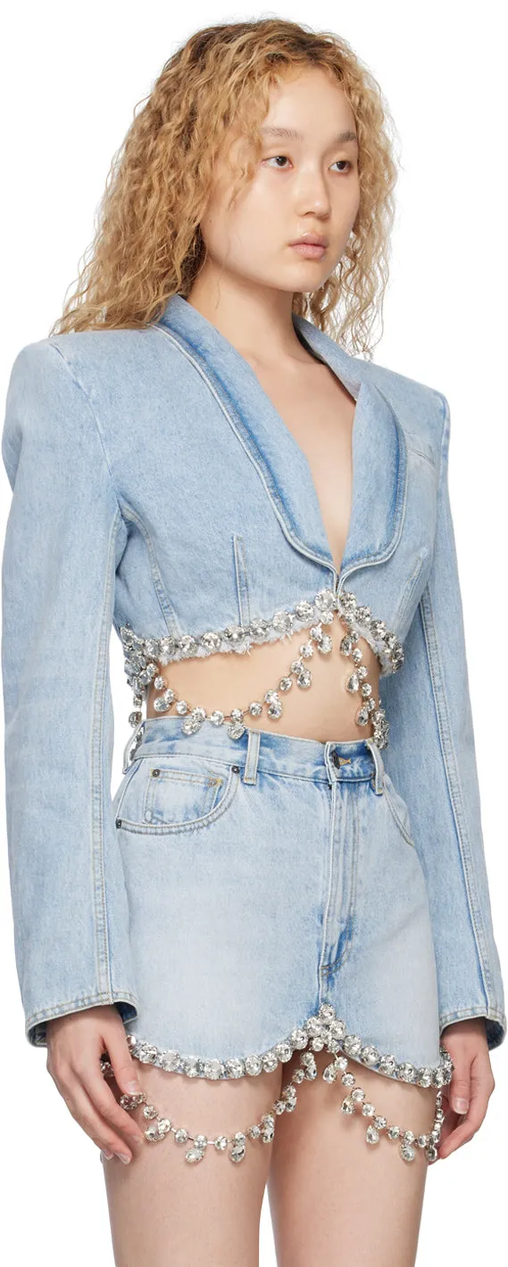 Crystal Embellished Cropped Denim Blazer