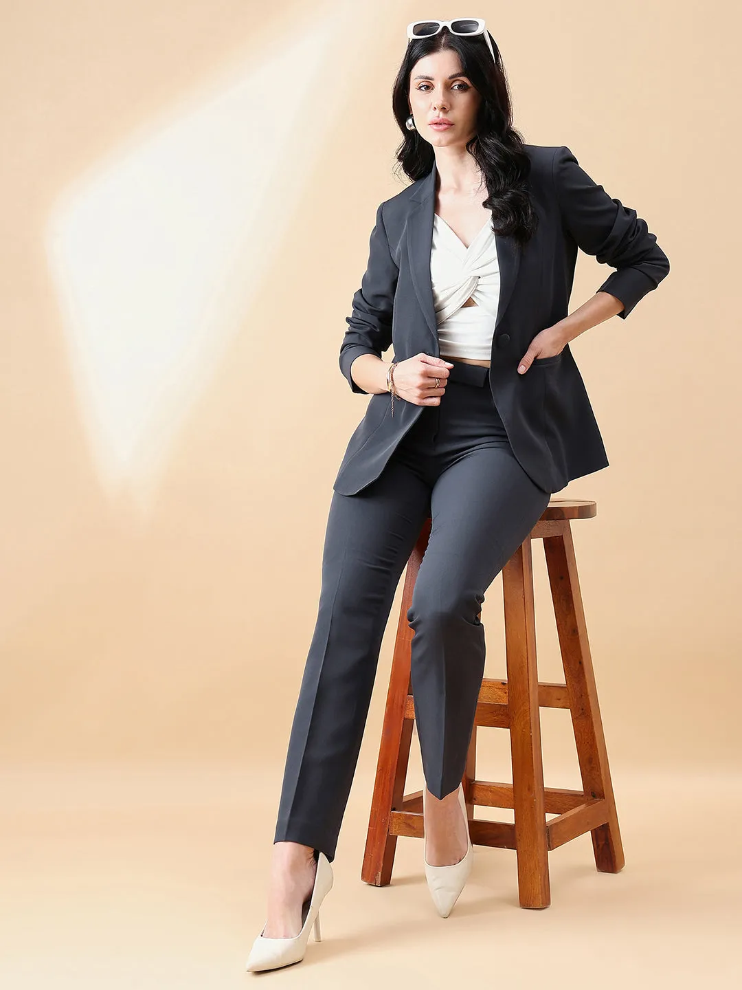Dark Grey Polyester Notch Collar Stretch Pant Suit