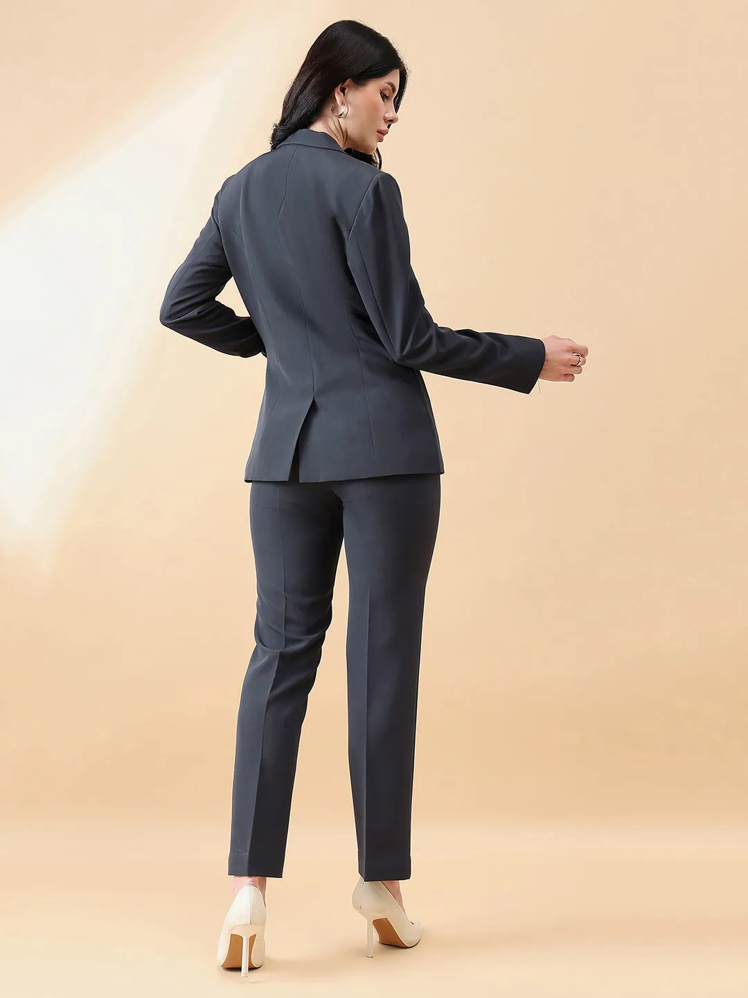 Dark Grey Polyester Notch Collar Stretch Pant Suit