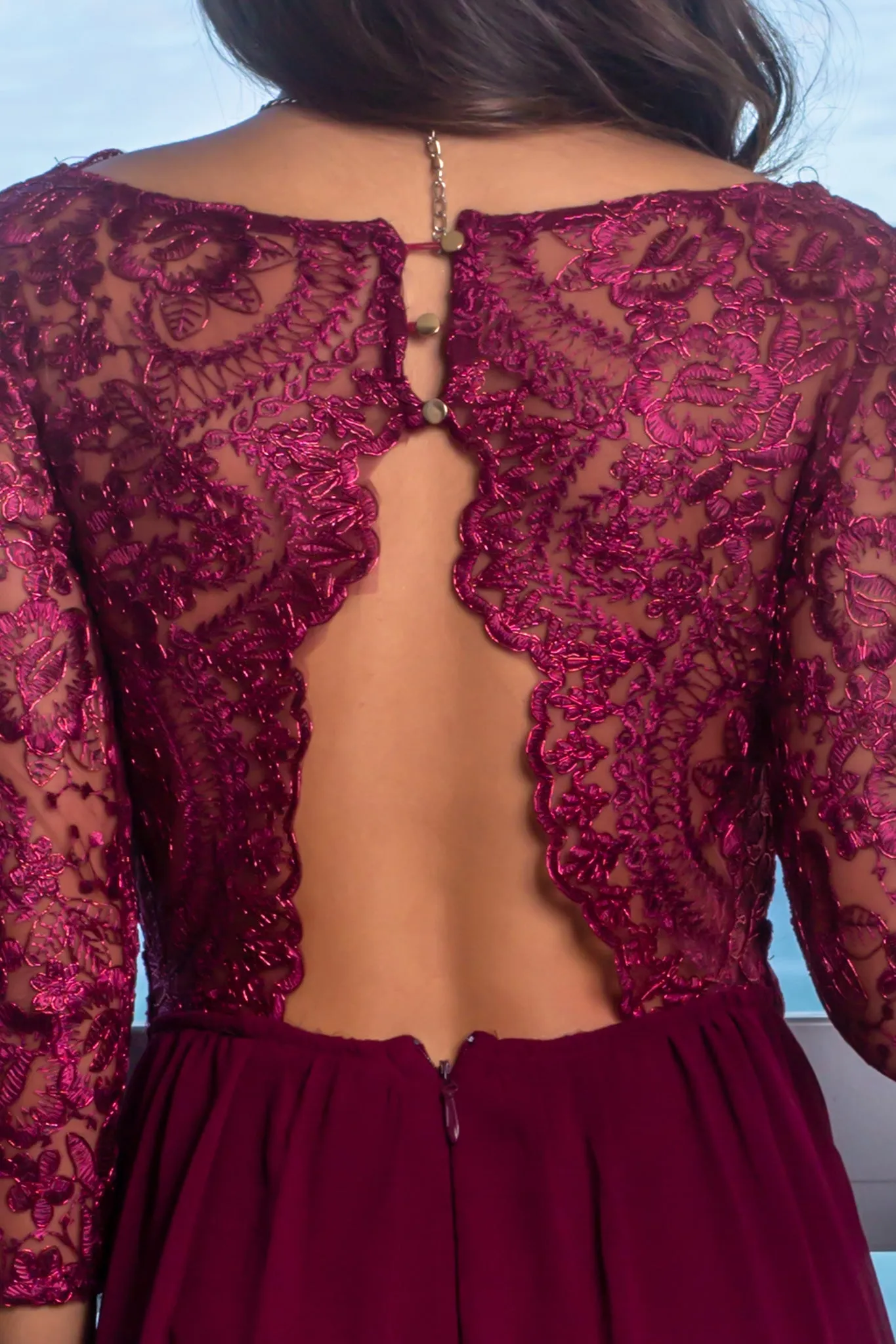 Deep Berry Embroidered Top Maxi Dress with 3/4 Sleeves