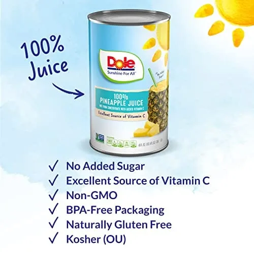 Dole 100% Juice, Pineapple, 46 Ounce Cans (Pack of 6)