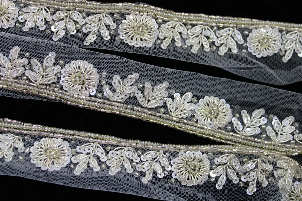 Dull White Floral Sequins and Beads Handwork Embroidered Border