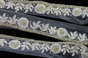 Dull White Floral Sequins and Beads Handwork Embroidered Border