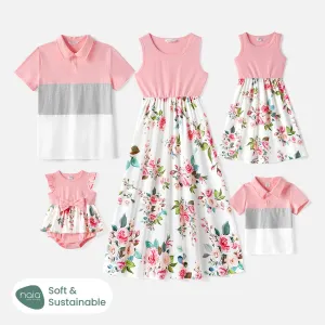 Family Matching 95% Cotton Short-sleeve Colorblock Polo Shirts and Floral Print Naia? Spliced Tank Dresses Sets