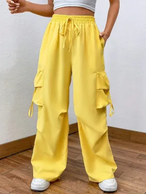 Flap Pocket Side Drawstring Waist Cargo Pants