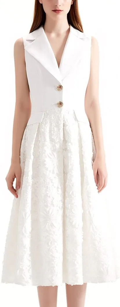 Floral-Embroidered White A-Line Vest-Dress