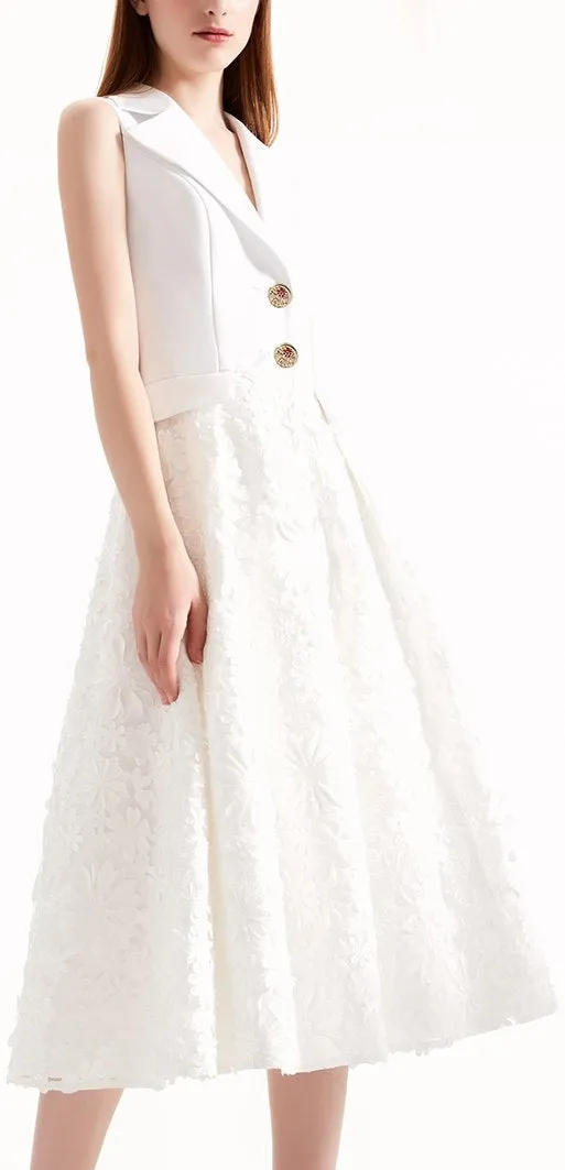 Floral-Embroidered White A-Line Vest-Dress