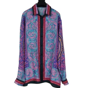 Floral Silk Button Down Shirt Purple Pink Blue Green Paisley