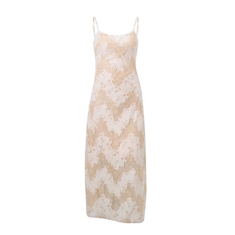 Floral Women's Jacquard Maxi Dress with Lace-Up Back - Sheath Silhouette