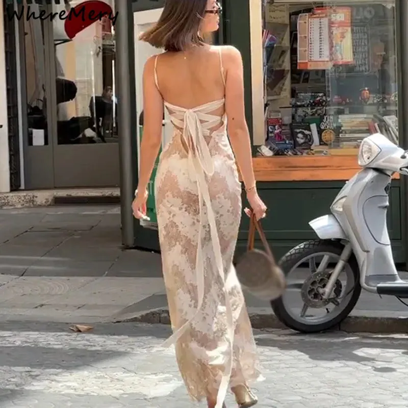 Floral Women's Jacquard Maxi Dress with Lace-Up Back - Sheath Silhouette