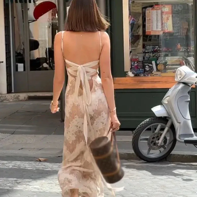 Floral Women's Jacquard Maxi Dress with Lace-Up Back - Sheath Silhouette