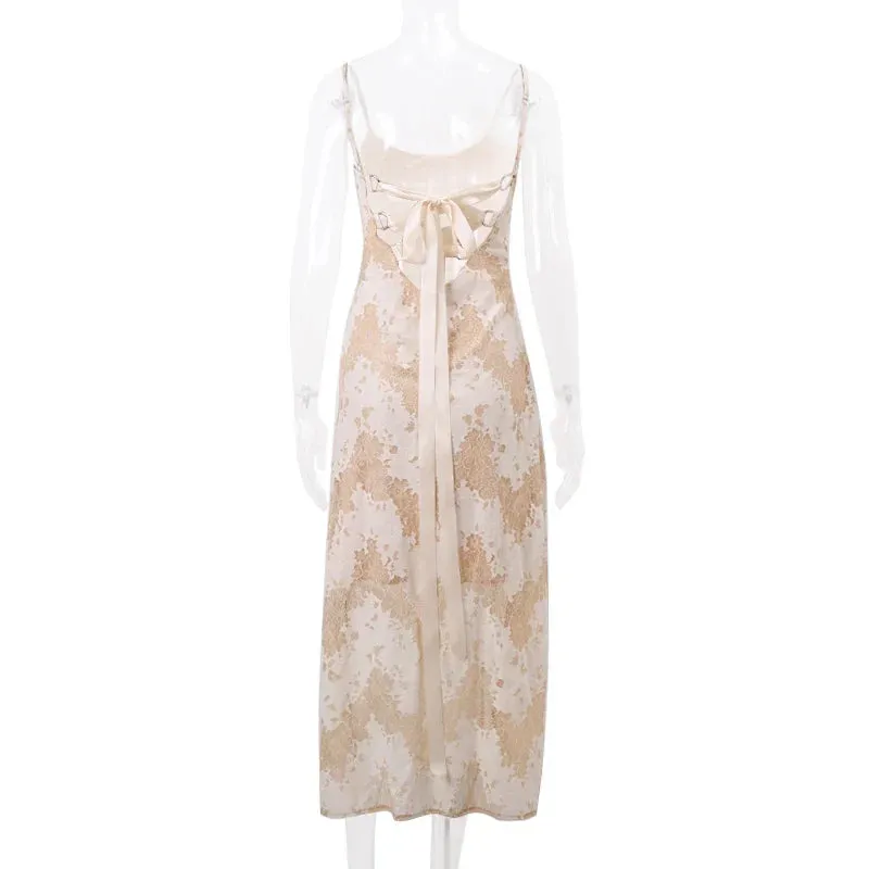 Floral Women's Jacquard Maxi Dress with Lace-Up Back - Sheath Silhouette