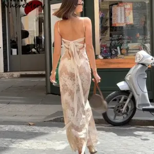 Floral Women's Jacquard Maxi Dress with Lace-Up Back - Sheath Silhouette