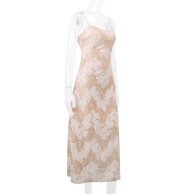 Floral Women's Jacquard Maxi Dress with Lace-Up Back - Sheath Silhouette