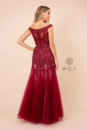 FORMAL SHEATH OFF SHOULDER LONG DRESS W/ V-NECKLINE CAP SLEEVES & TRUMPET SKIRT