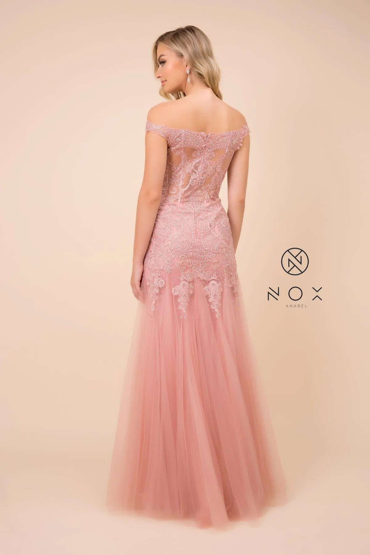 FORMAL SHEATH OFF SHOULDER LONG DRESS W/ V-NECKLINE CAP SLEEVES & TRUMPET SKIRT