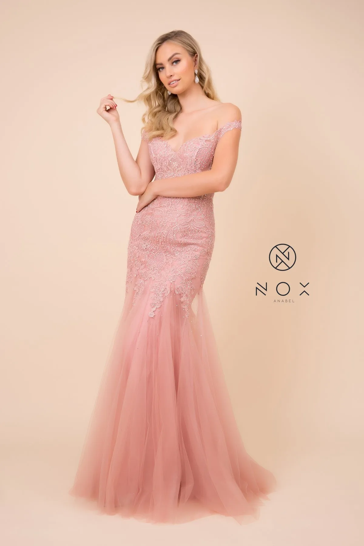 FORMAL SHEATH OFF SHOULDER LONG DRESS W/ V-NECKLINE CAP SLEEVES & TRUMPET SKIRT