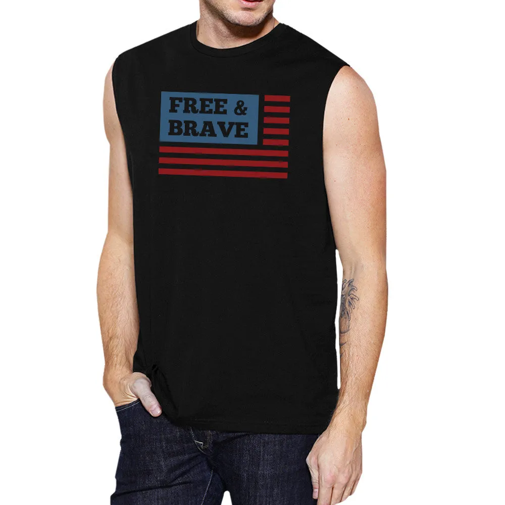 Free & Brave Us Flag Mens Black Funny Muscle Tank Top Crewneck Line