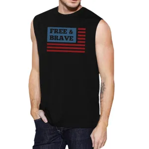 Free & Brave Us Flag Mens Black Funny Muscle Tank Top Crewneck Line