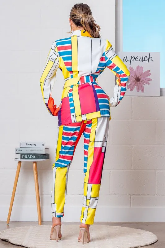 Fuchsia Multi Mosaic Print Blazer Jacket and Pants Set