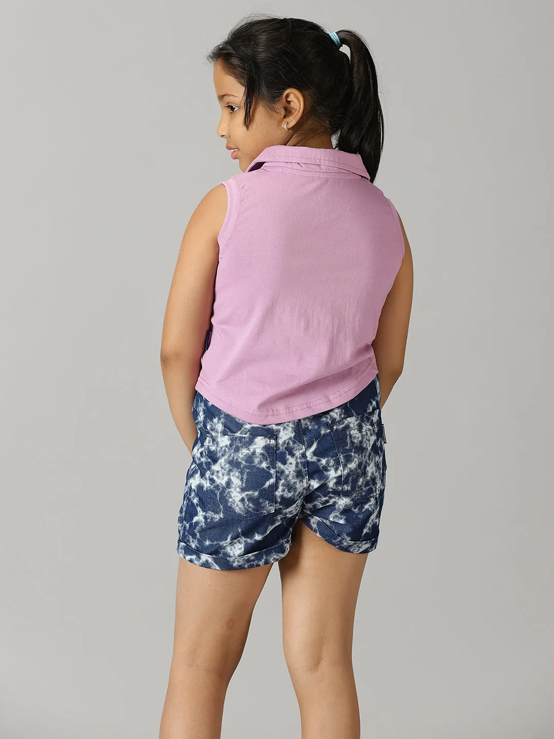 Girls Cropped Placement Print Polo & Basic Roll up Hot Short Set
