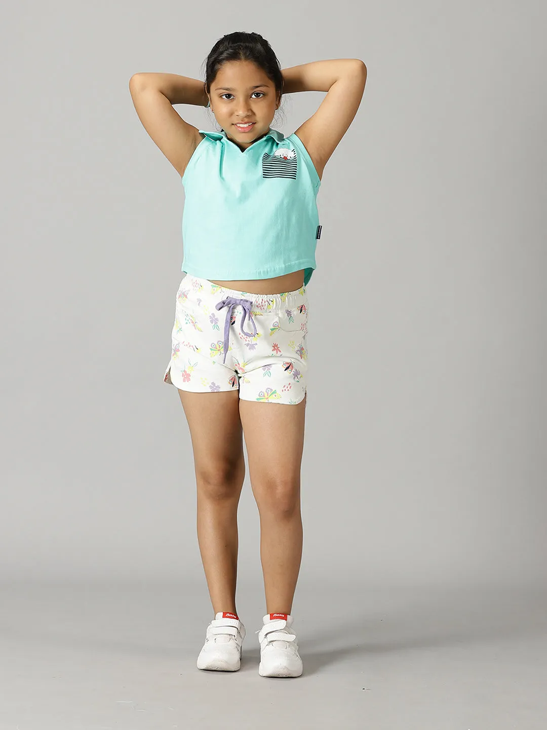 Girls Cropped Placement Print Polo & Basic Roll up Hot Short Set