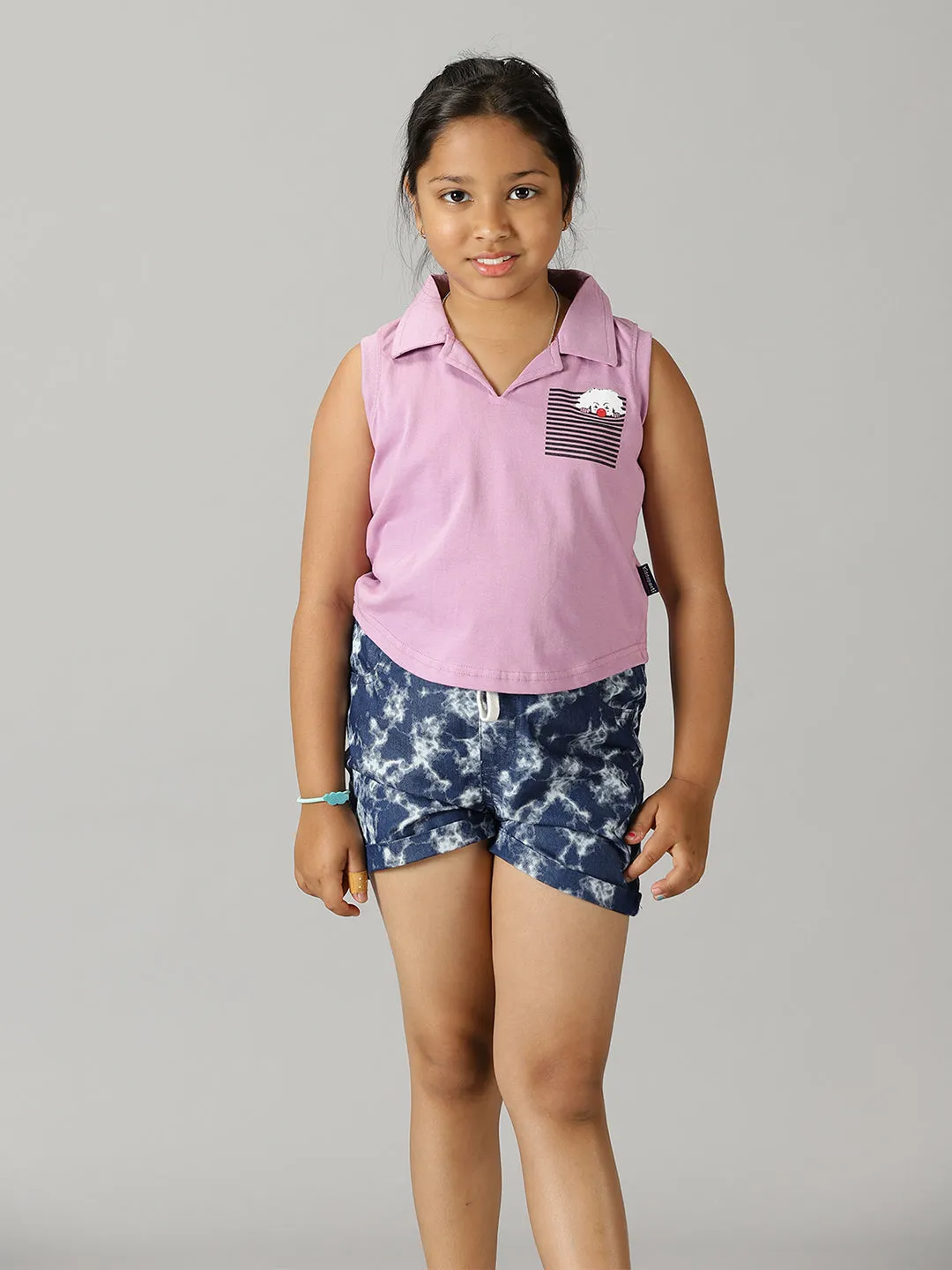 Girls Cropped Placement Print Polo & Basic Roll up Hot Short Set