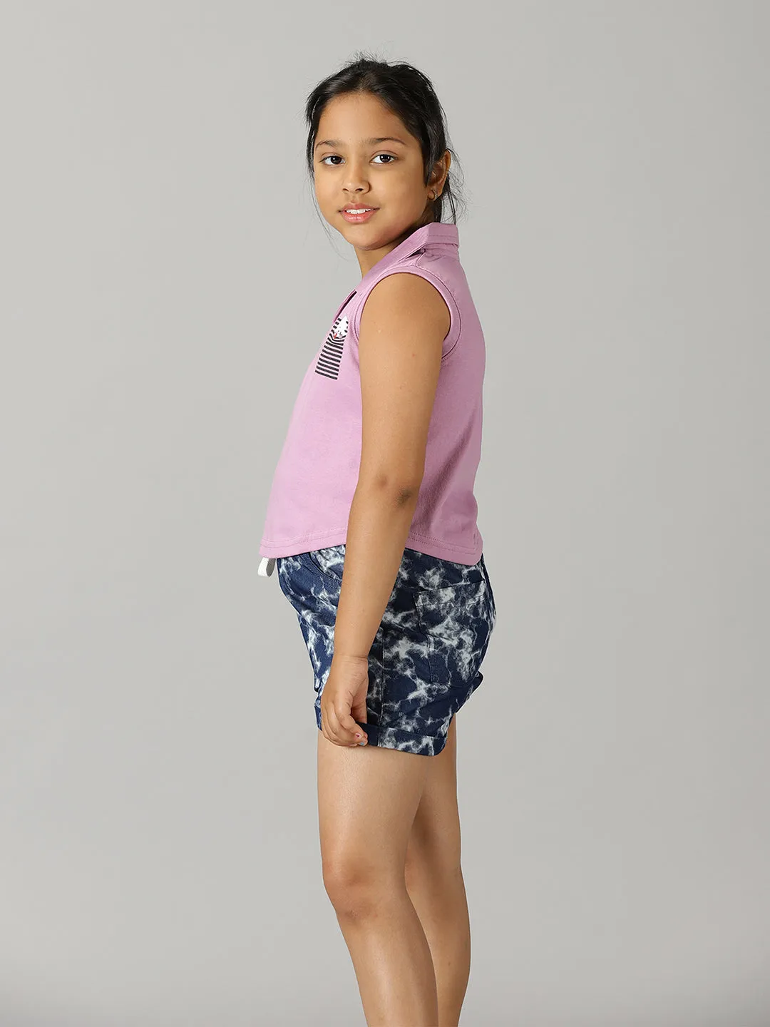 Girls Cropped Placement Print Polo & Basic Roll up Hot Short Set