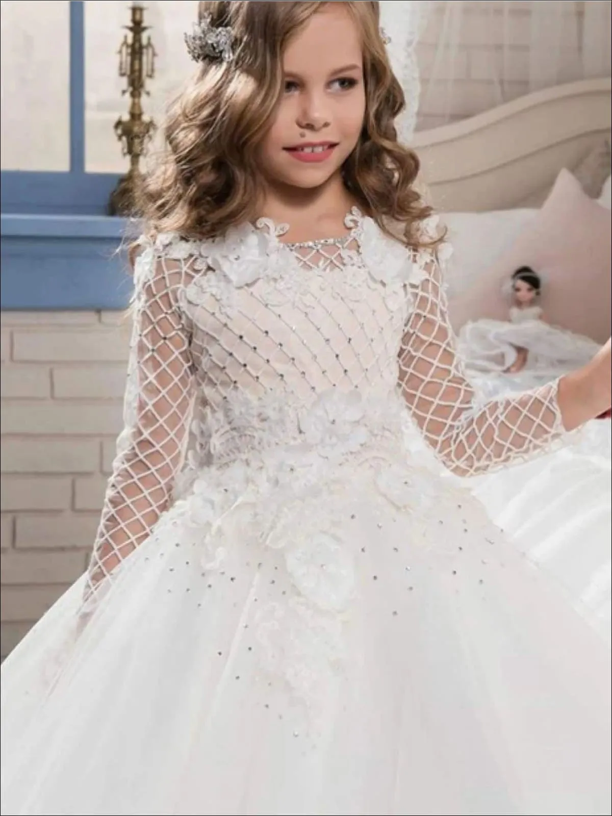 Girls Long Sleeve Flower Applique Crystal Embroidered Dress