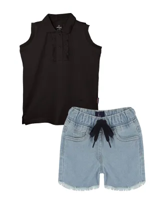 Girls Solid Sleeveless Polo Tee & Denim Hot Shorts Set