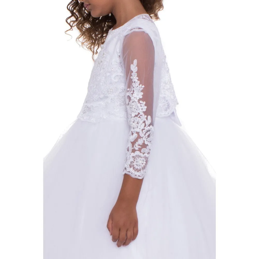 Girls White Beaded Floral Embroidered Long Sleeve Bolero 6-16