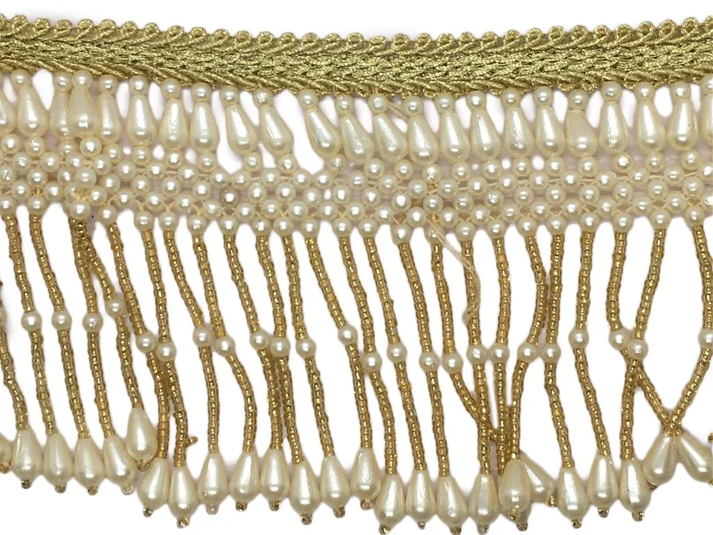 Golden White Pearl Beads Fringe Designer Lace