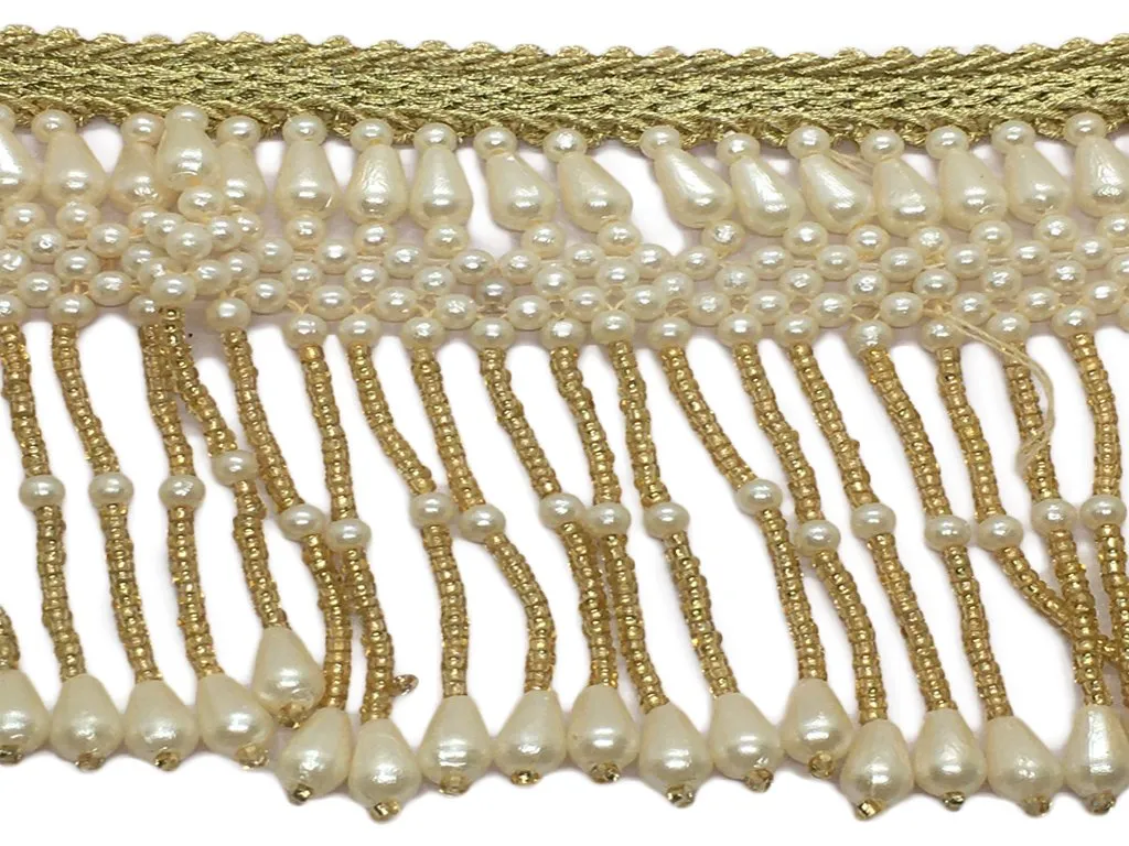 Golden White Pearl Beads Fringe Designer Lace