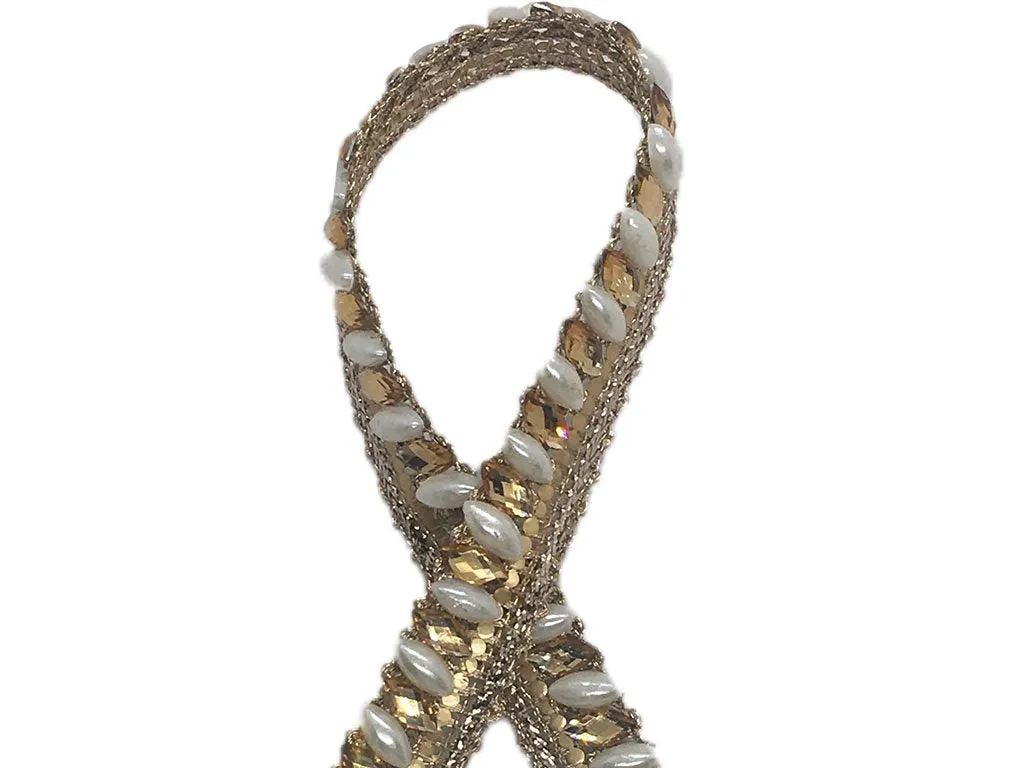 Golden White Stone and Pearl Work Embroidered Border