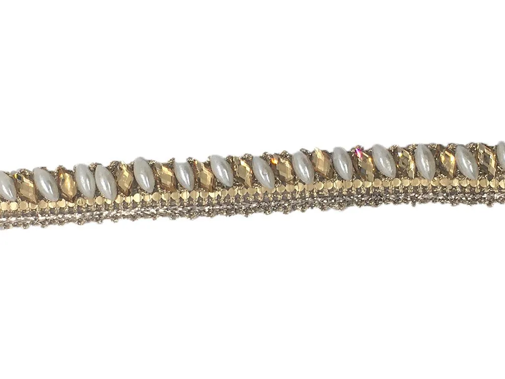 Golden White Stone and Pearl Work Embroidered Border