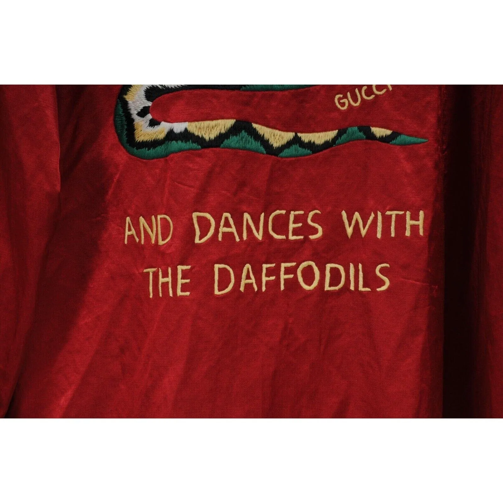 Gucci Men Button Down Shirt 52 XL Red Satin Cotton Blend Daffodils Skull Snake