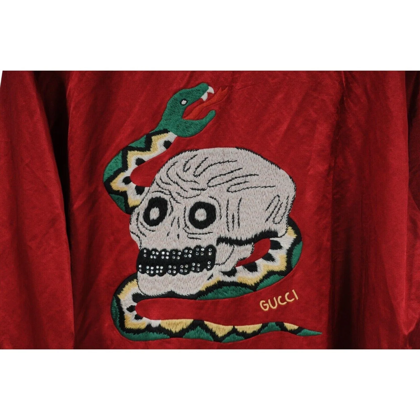 Gucci Men Button Down Shirt 52 XL Red Satin Cotton Blend Daffodils Skull Snake