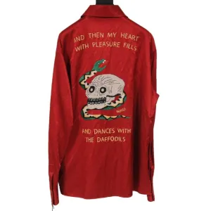 Gucci Men Button Down Shirt 52 XL Red Satin Cotton Blend Daffodils Skull Snake