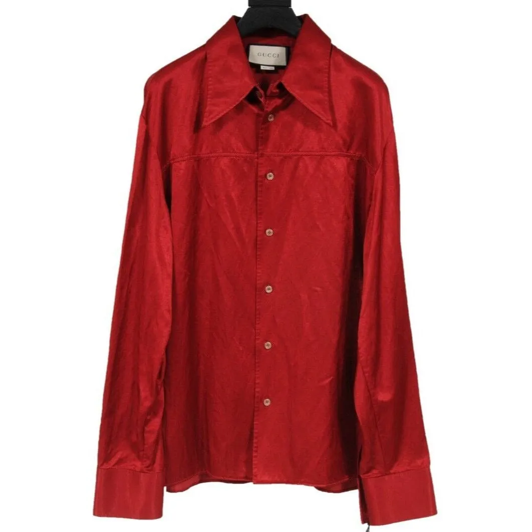 Gucci Men Button Down Shirt 52 XL Red Satin Cotton Blend Daffodils Skull Snake
