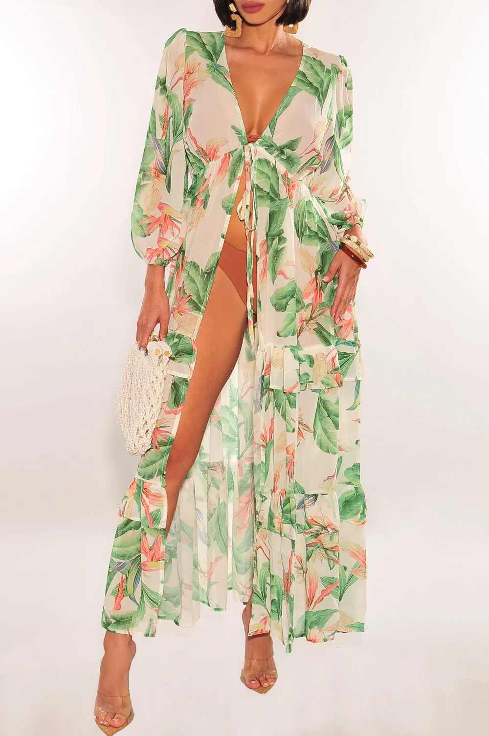 Ivory Palm Print Tie Up Long Sleeve Ruffle Cover Up