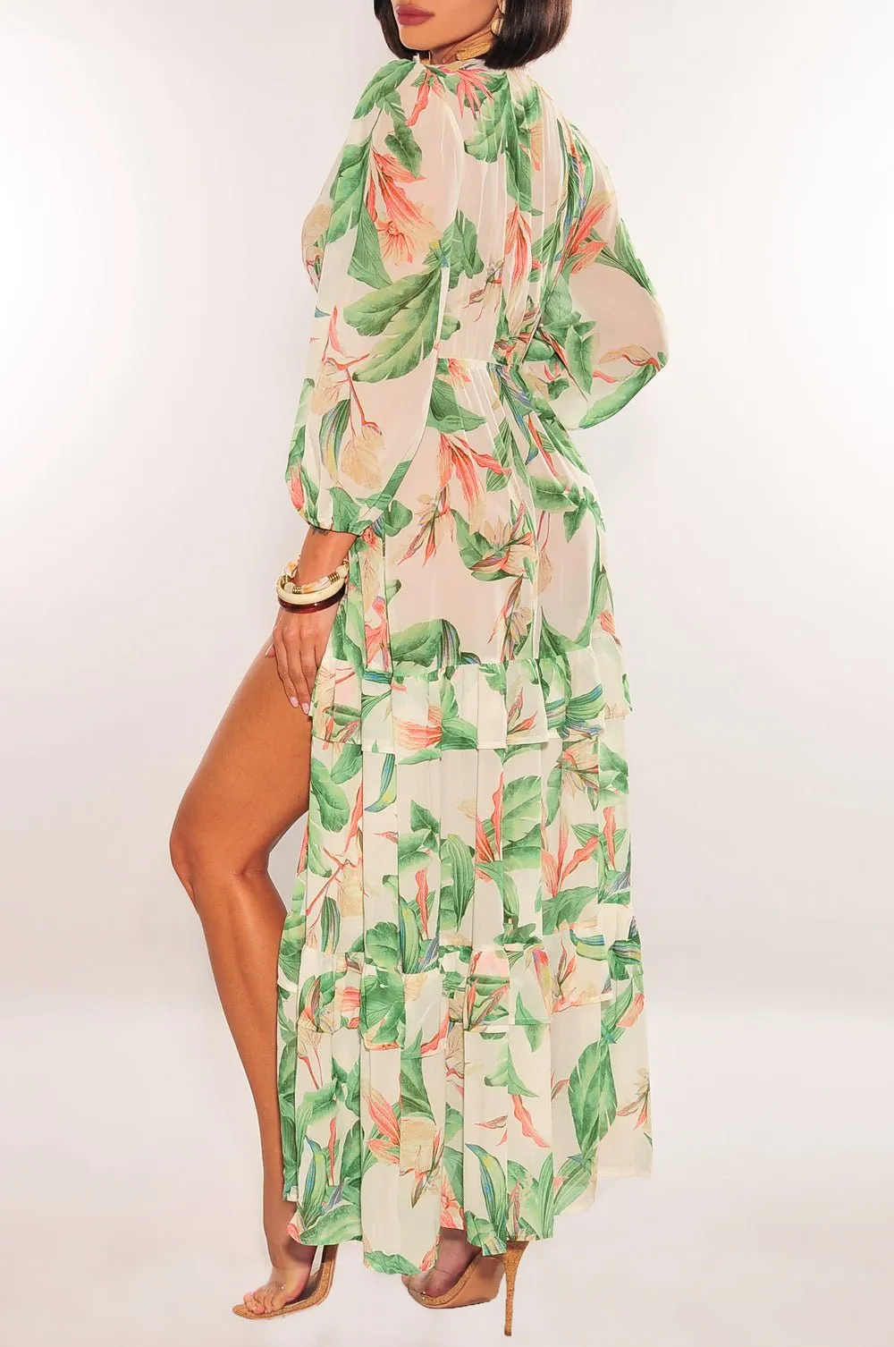 Ivory Palm Print Tie Up Long Sleeve Ruffle Cover Up