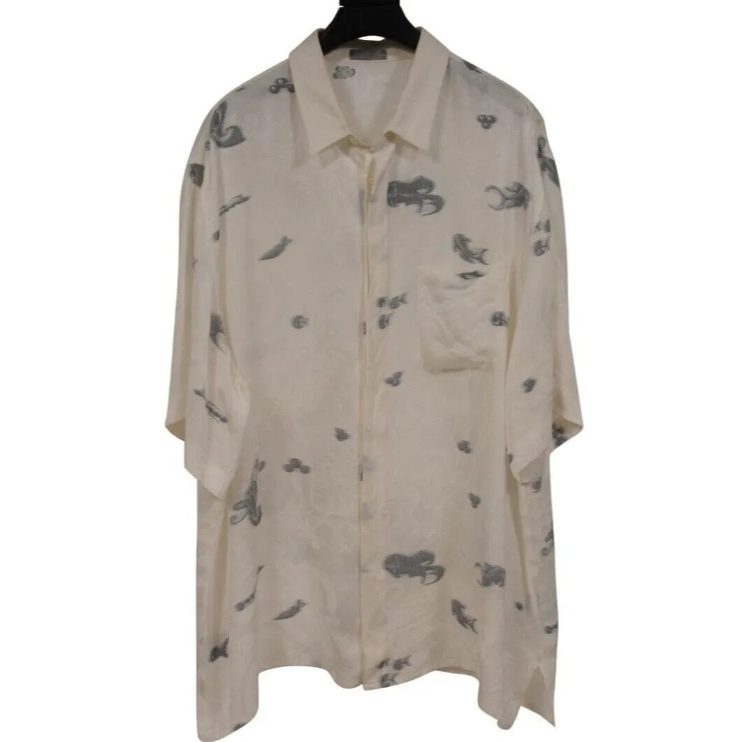 Kenny Scharf Mens Button Down Shirt IT 43 Silk Blend White Oblique Bowling