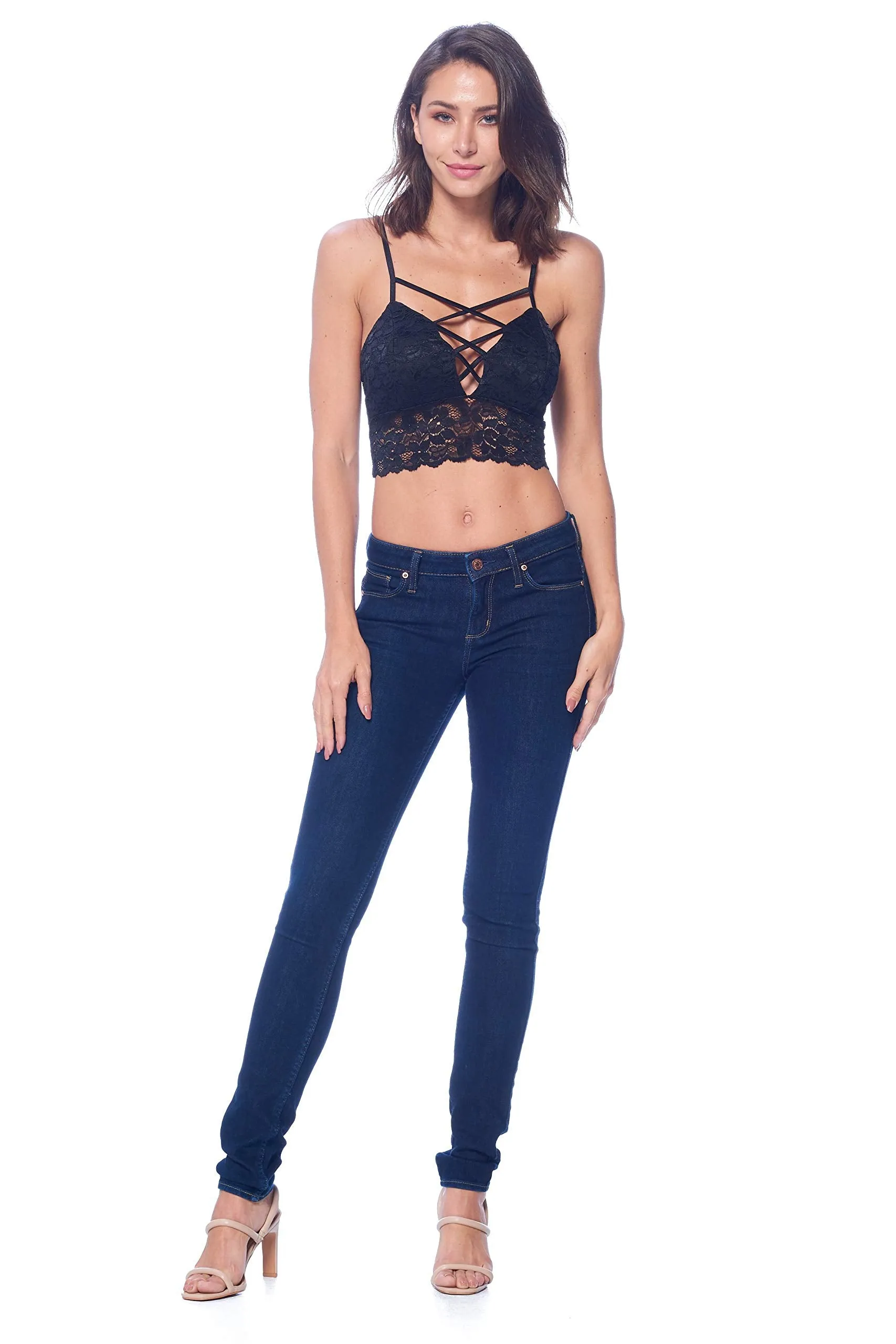 Khanomak Women's Lace Padded Bra lace-up Cutout strappy Style Crop Top