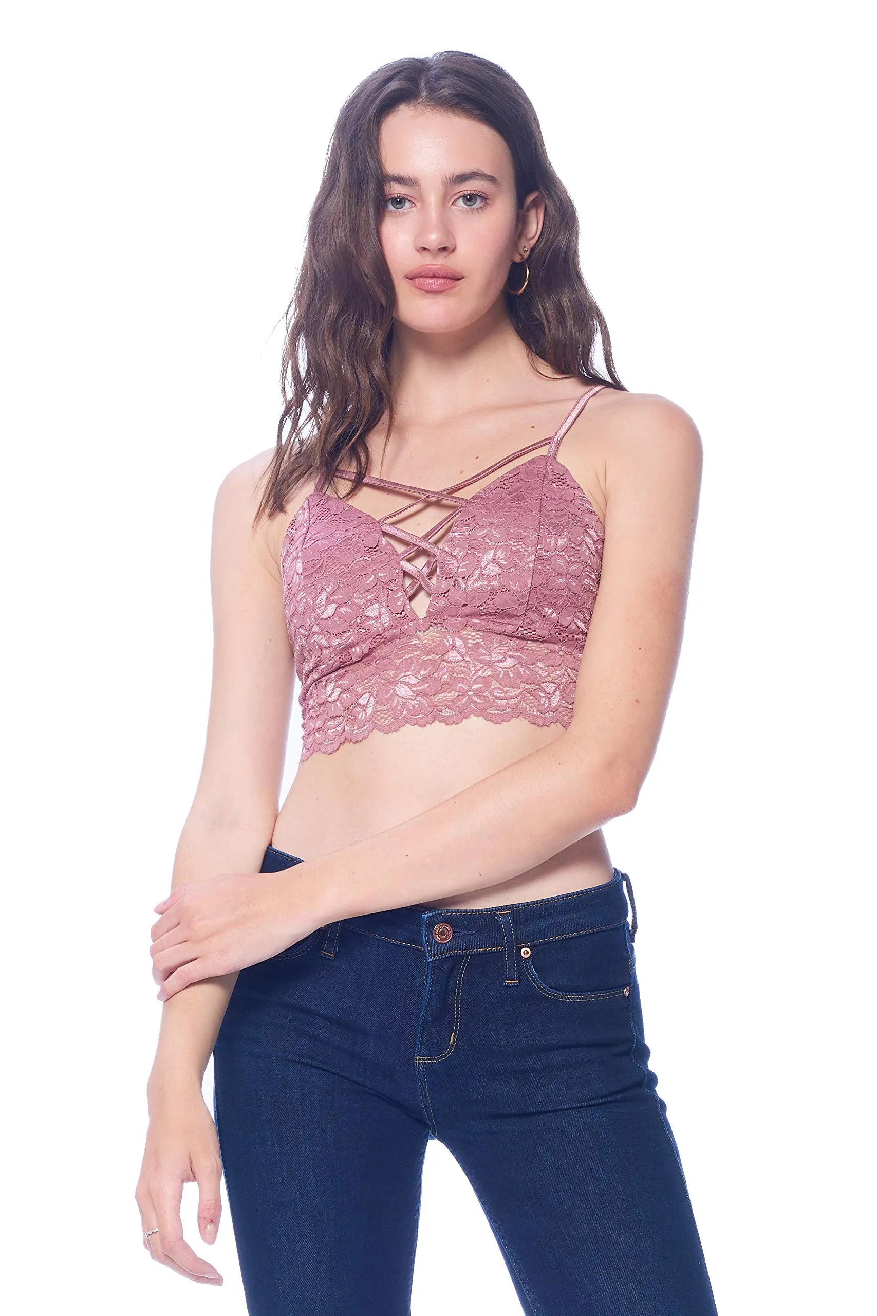 Khanomak Women's Lace Padded Bra lace-up Cutout strappy Style Crop Top