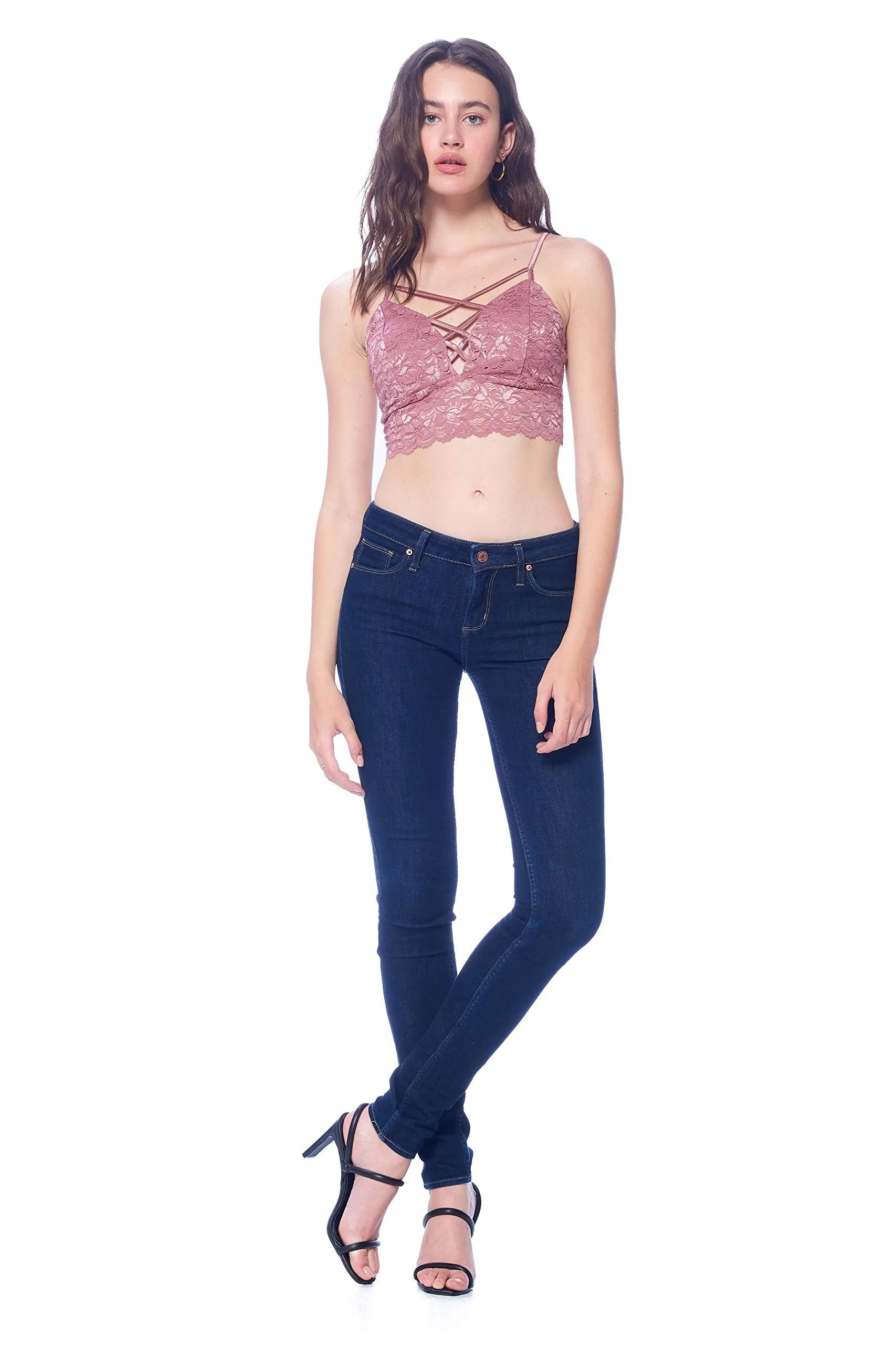 Khanomak Women's Lace Padded Bra lace-up Cutout strappy Style Crop Top