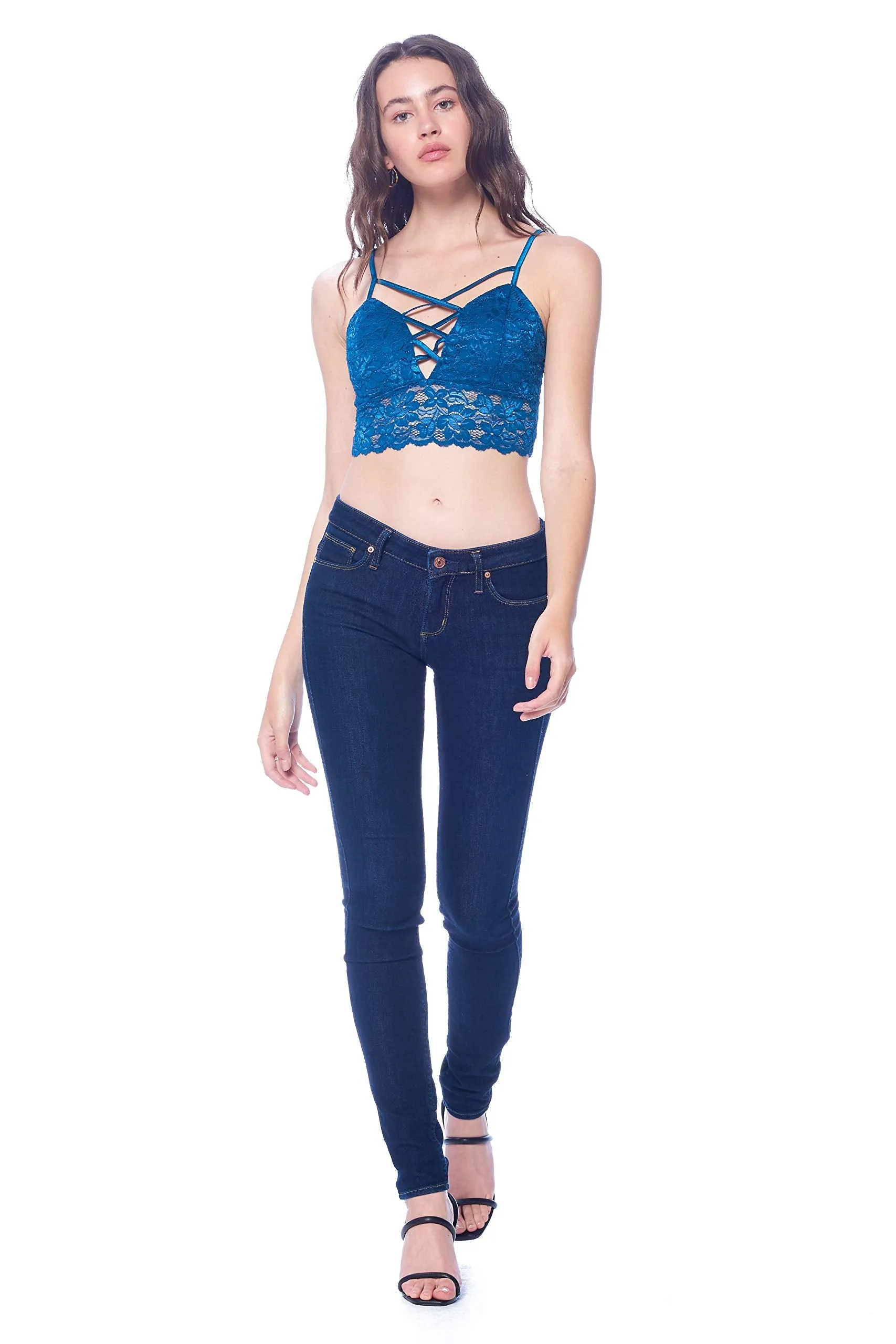 Khanomak Women's Lace Padded Bra lace-up Cutout strappy Style Crop Top