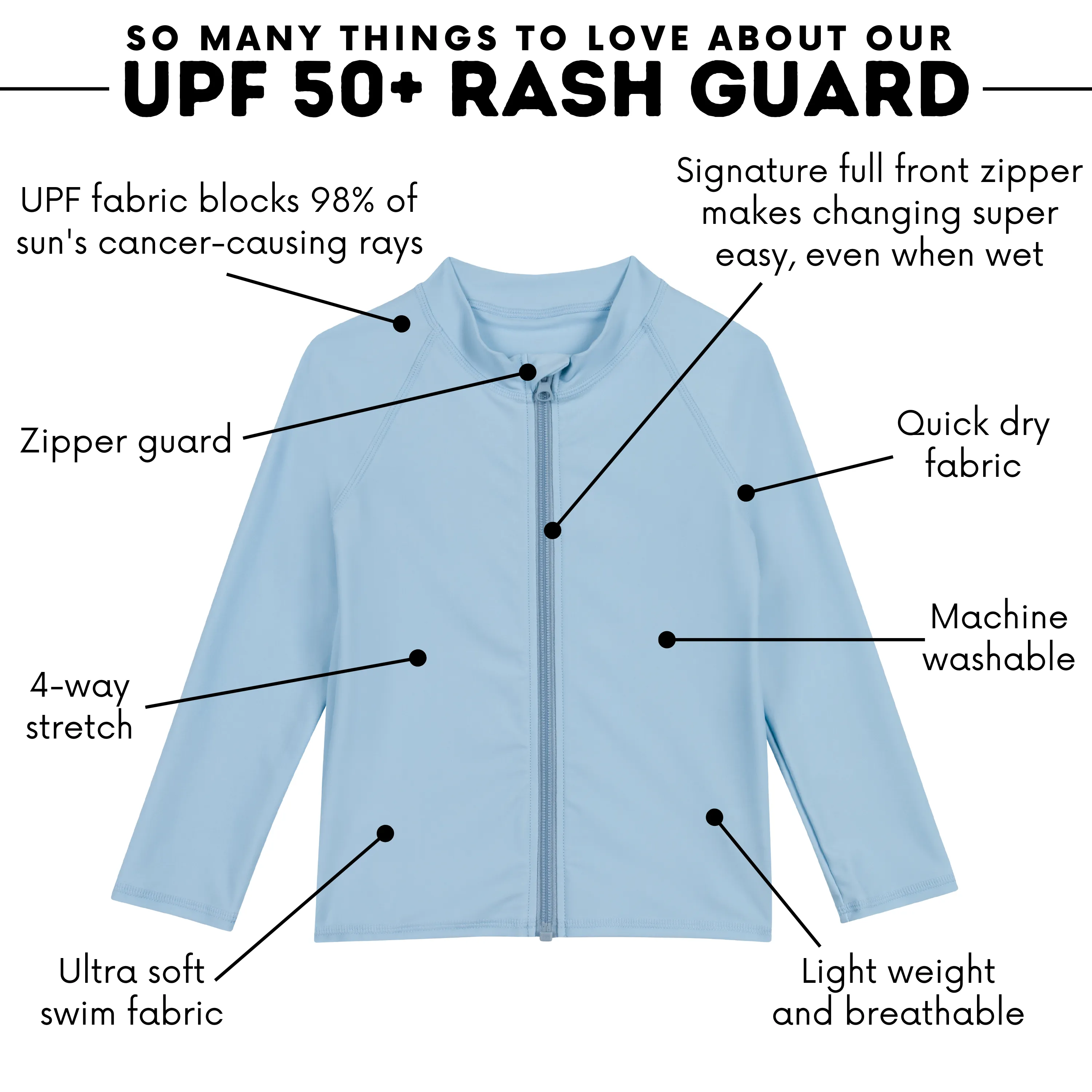 Kids UPF 50  Long Sleeve Zipper Rash Guard Swim Shirt | "Dream Blue"