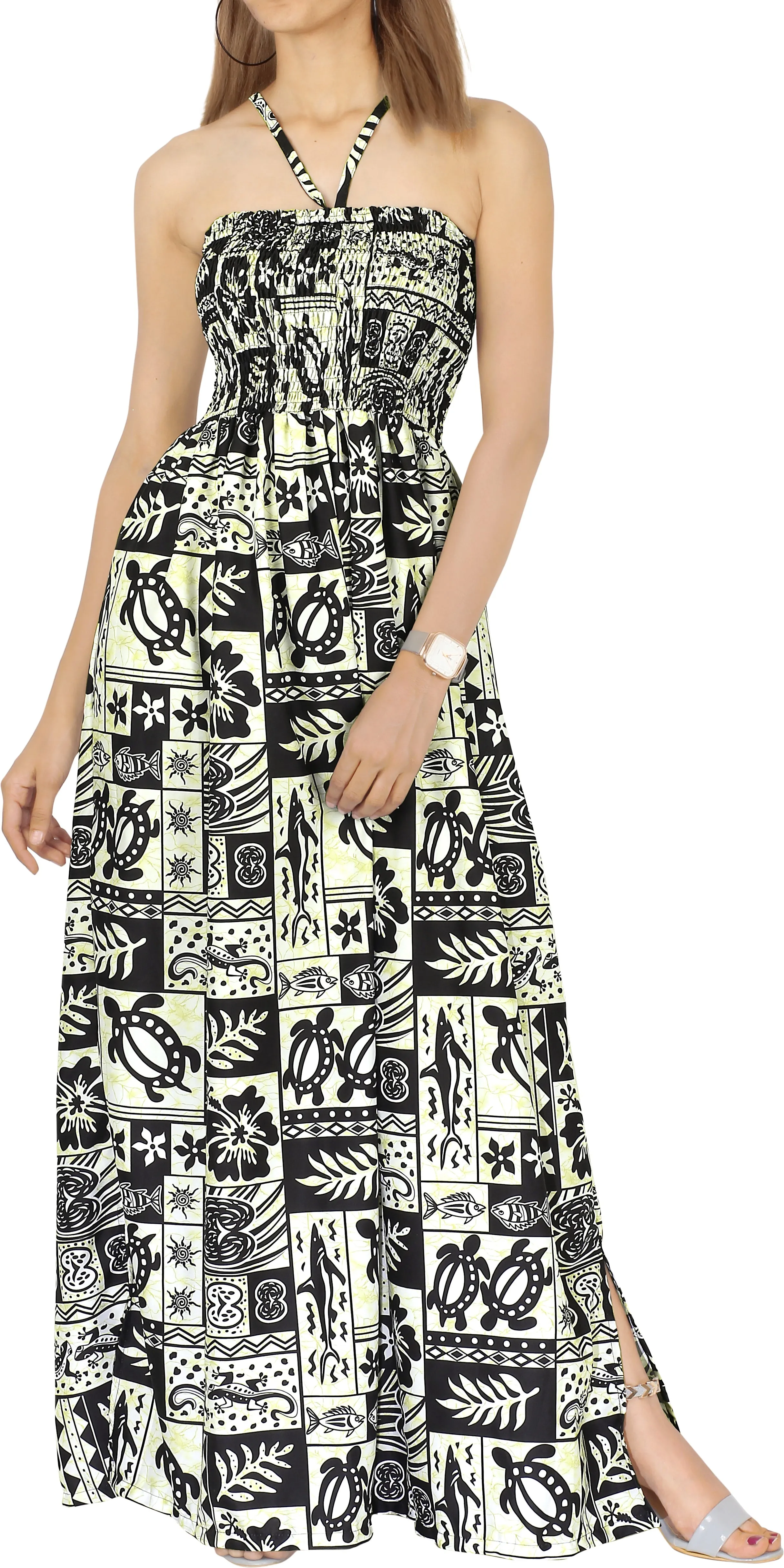 LA LEELA Long Maxi Halter Neck Tube Dress For Women With Turtle And Leaf Print All Over Casual And Chic Homewear Summerdress